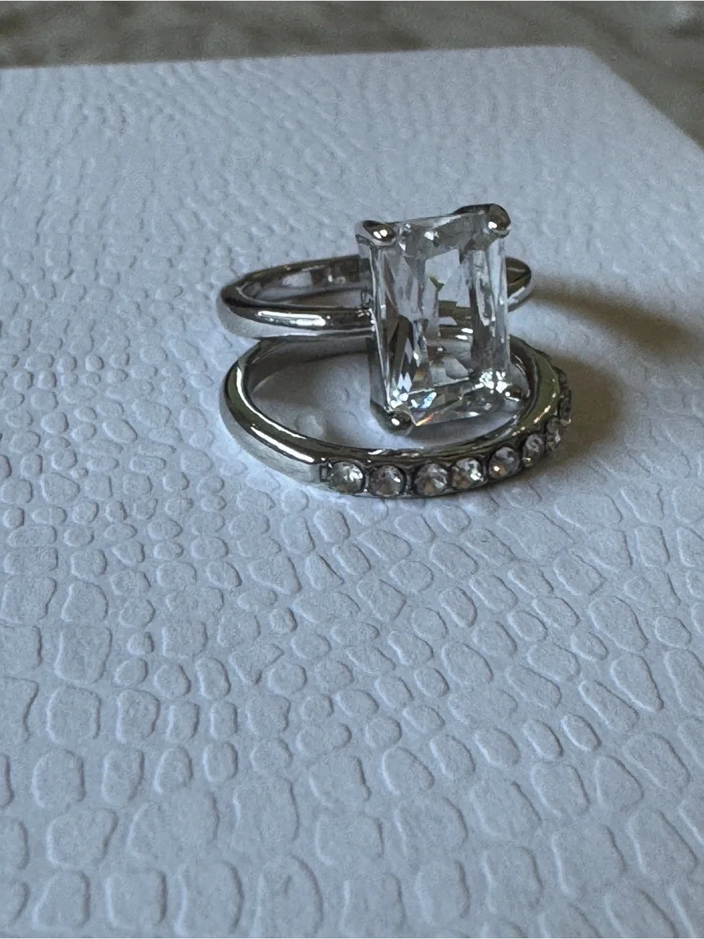 Silver-Toned Crystal Solitaire & Pavé Band Ring Set - Size 7! NEW!